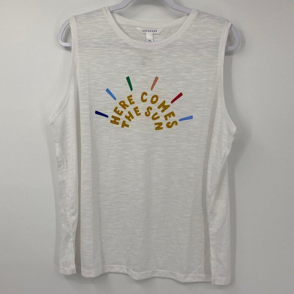 Popsugar Here Comes the Sun White Sleeveless Tshirt Tank Top NEW XL